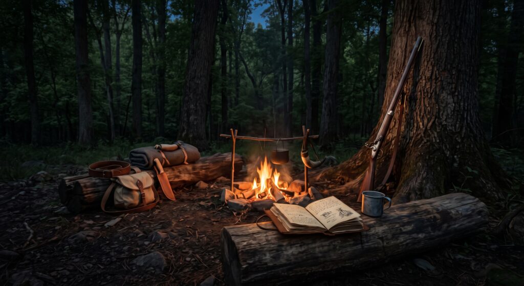 A campfire with a book in front of it.