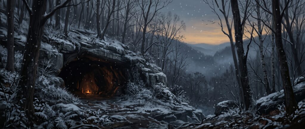 A Kentucky cave with a fire burning strong enough for a hunter and a hairy woman to survive the winter.