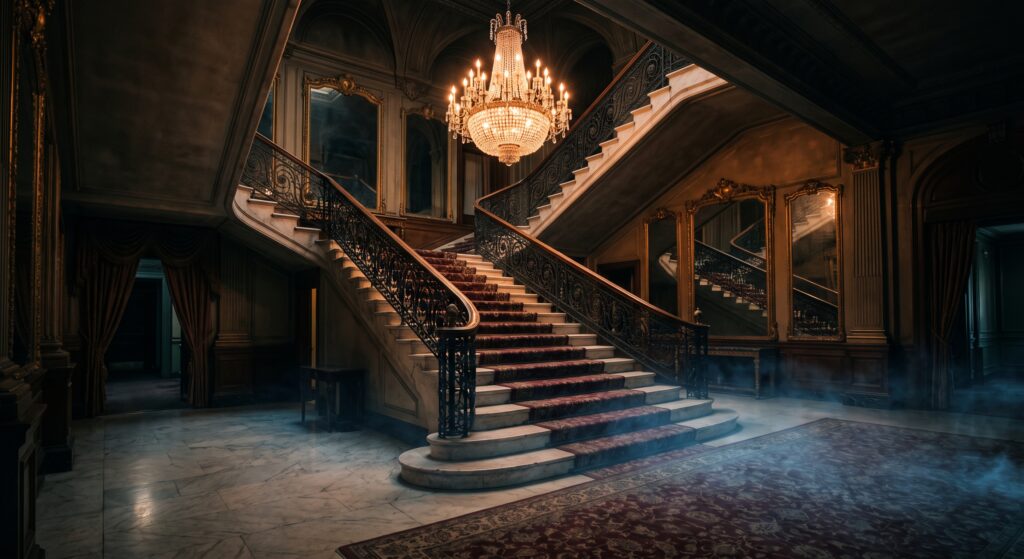 A grand victorian hotel lobby with a spiritual mist at the bottom of the staircase.