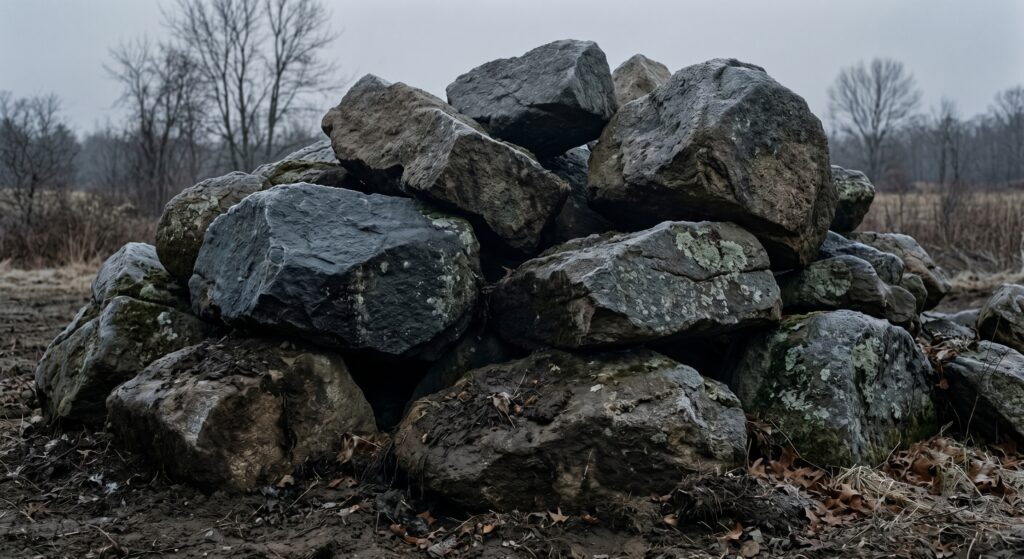 A pile of rocks, not unlike the ones that would have been used to crush Giles Corey.