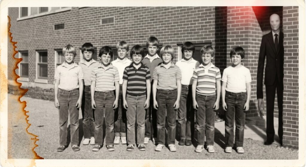 a group of young people photographed the 1980s with a strange slender man peaking from behind a wall.