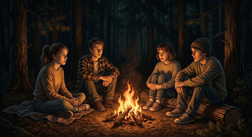 young adults sitting around a camp fire.