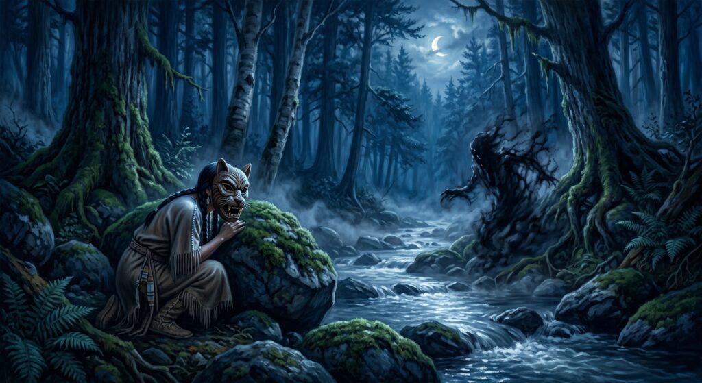 Running Deer waiting to ambush the demon as it crosses a stream.