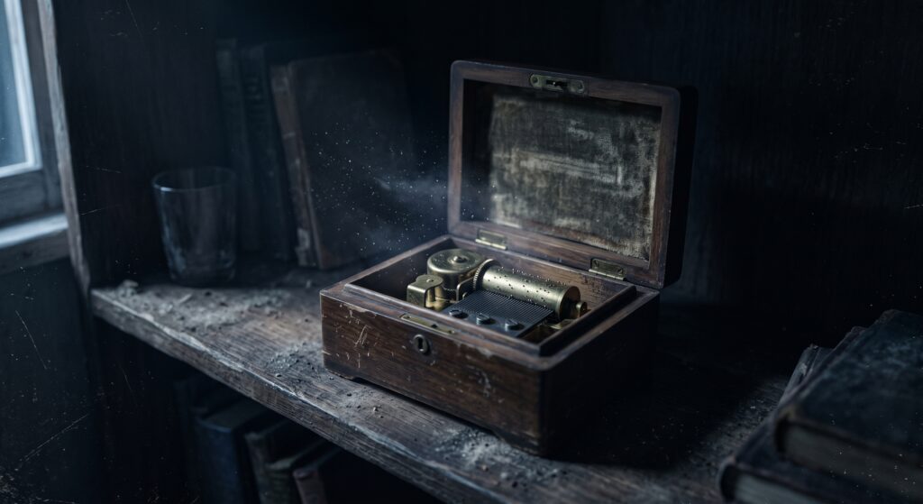 An old music box sits in a dusty room by a window