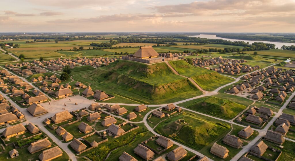 An artistic recreation of what Cahokia may have looked like over a thousand years ago.