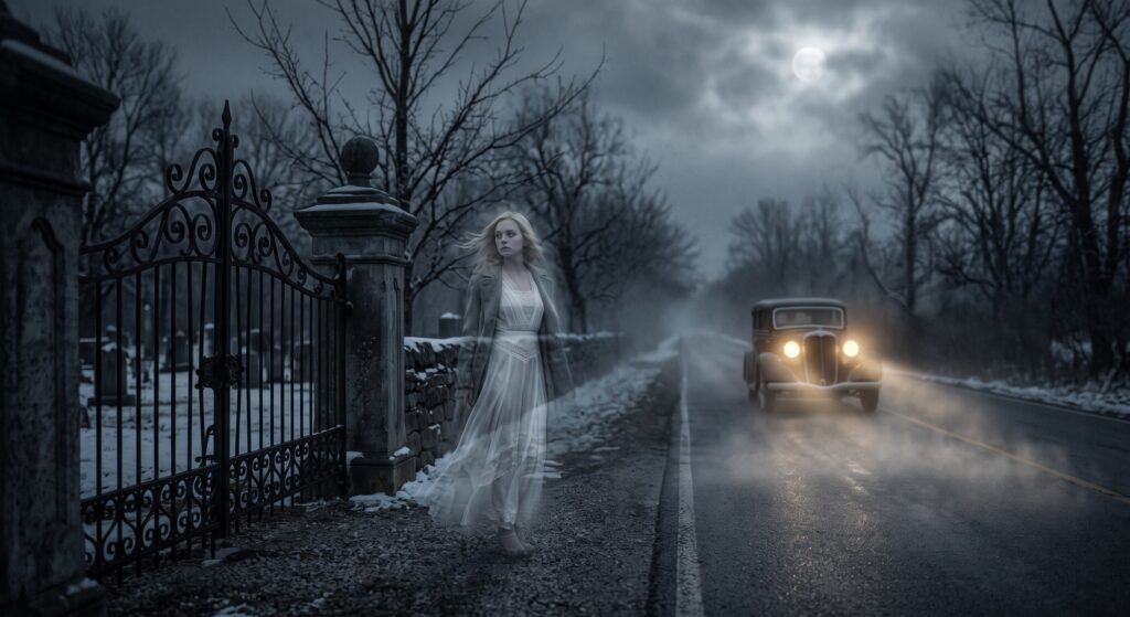 Resurrection Mary leaves a car she was riding in for her cemetery home right before dawn.