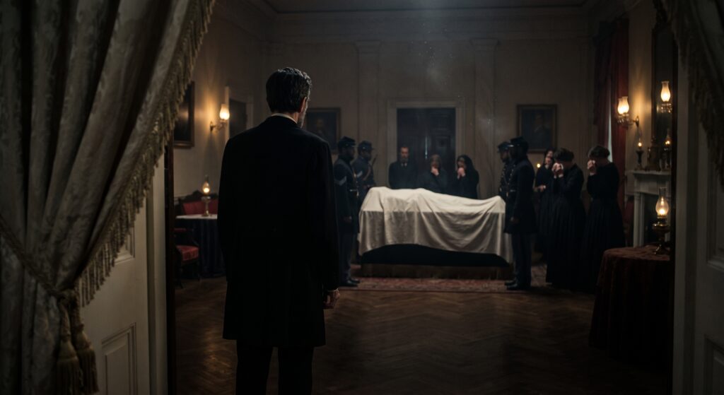 A shrouded corpse in the east room of the White House/