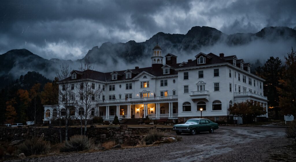 An artistic rendering of a car parked outside the Stanley hotel in Estes Park, Colorado