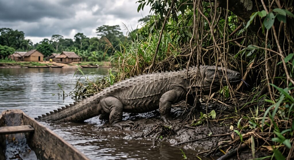 A large reptile, possibly the nguma-monene exits the Congo river for the jungle.
