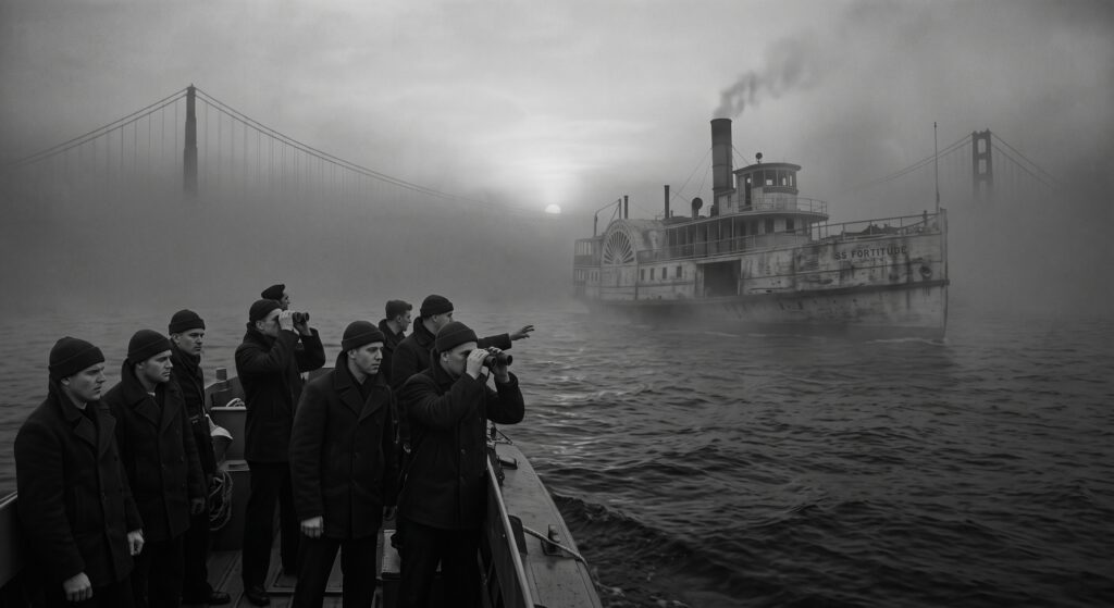 A ghost ship steams out of the fog near San Francisco's Golden Gate Bridge.