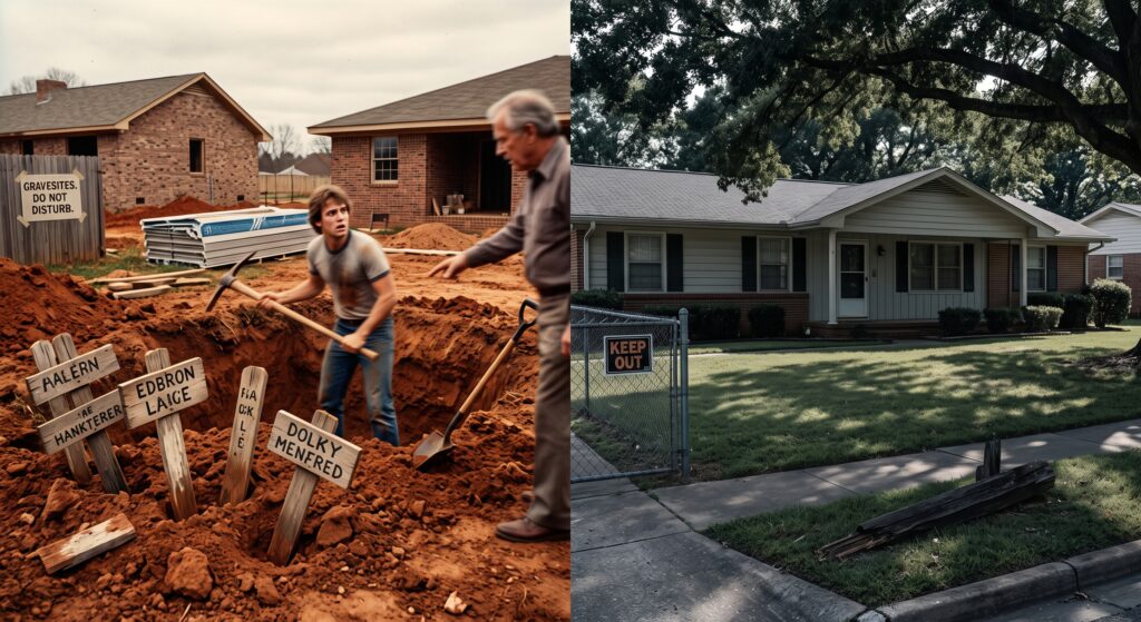 An old man stops a worker from digging up graves in a quiet neighborhood.