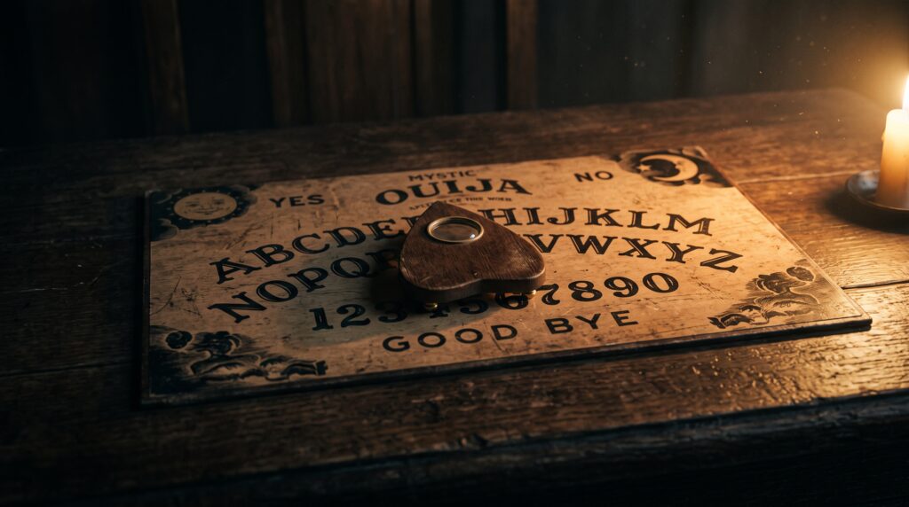 A Ouija board sits on a candlelit table in an otherwise dark room.