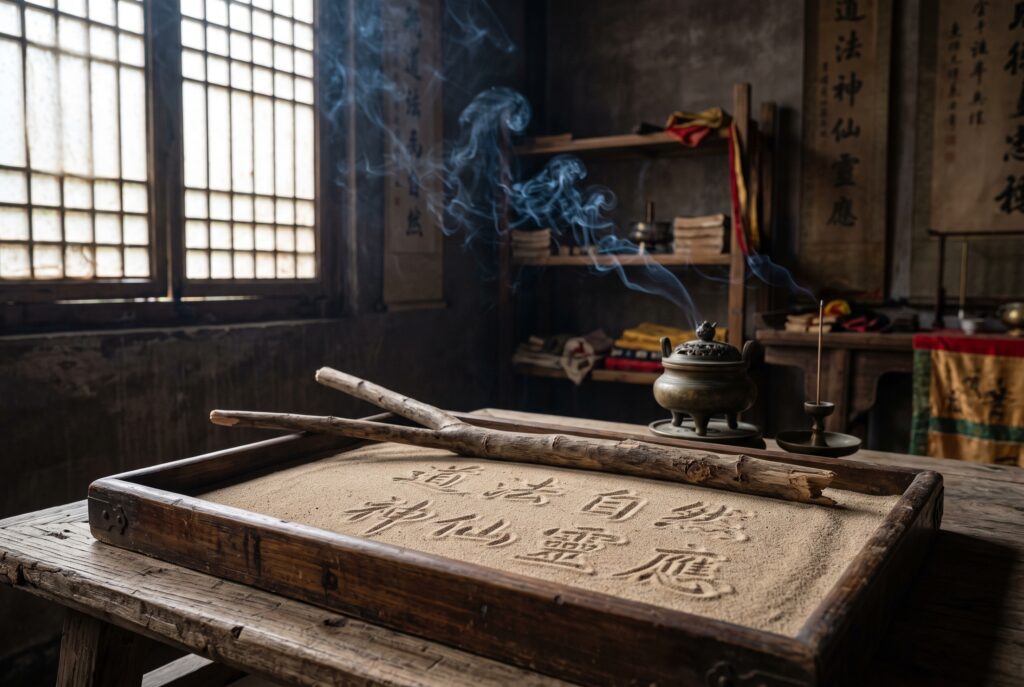 Chinese spirit writing in sand with burning incense nearby.