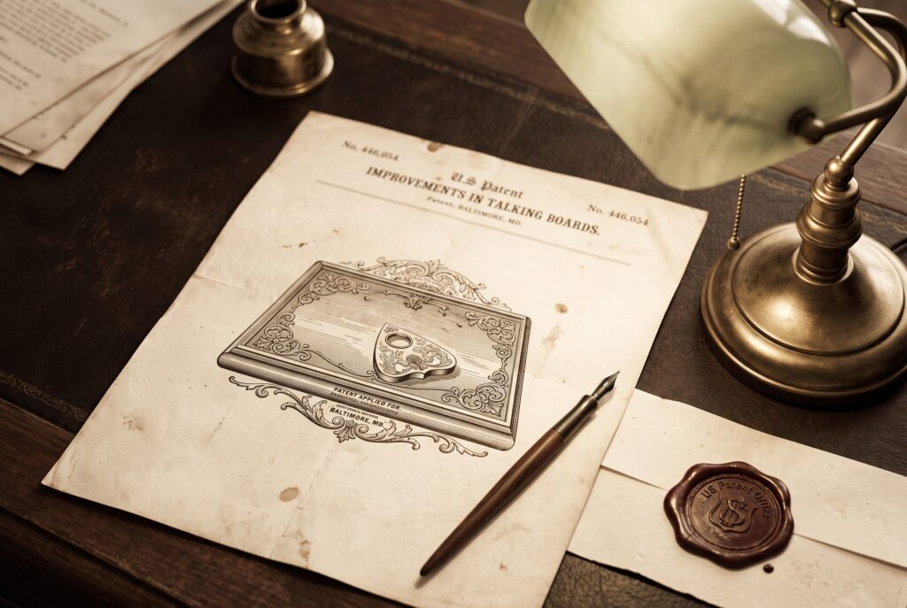 An artistic recreation of a patent for a spirit board.