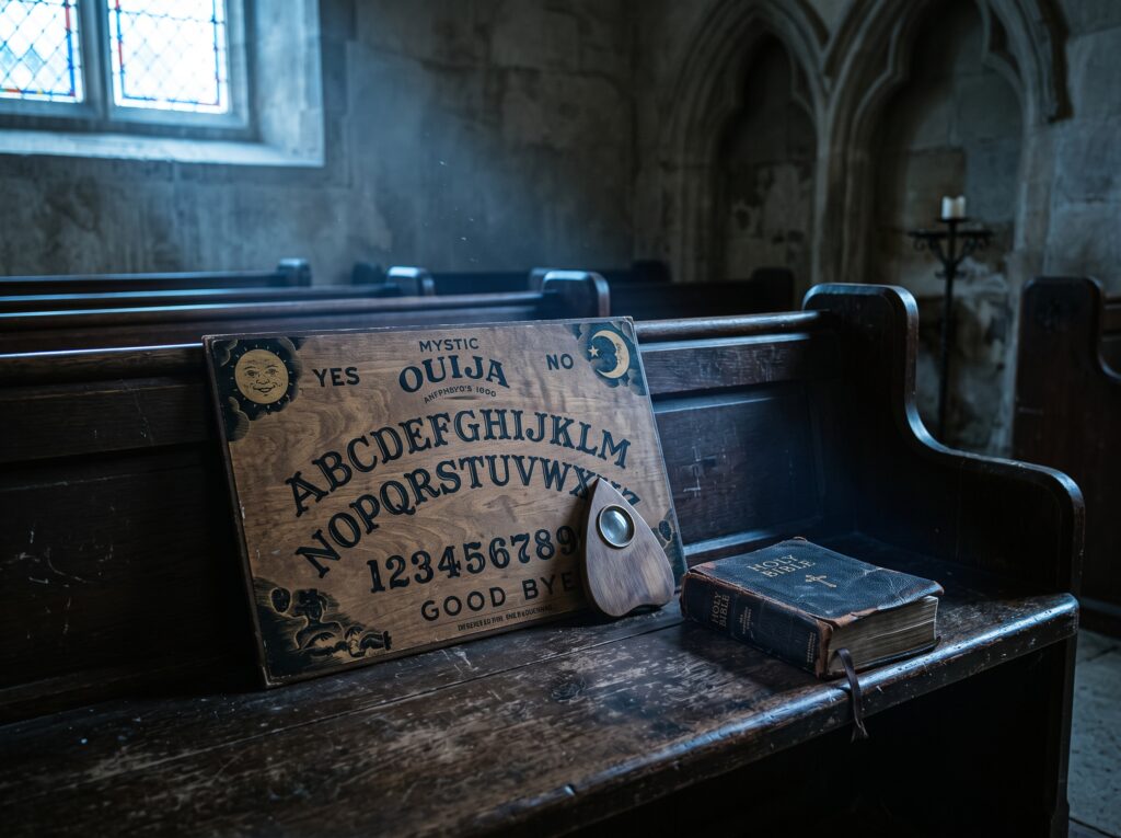 A Ouija board sits on a pew next to the Holy Bible.