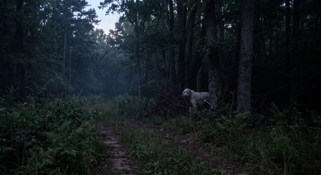 A white dog in the Alabama woods at dusk.