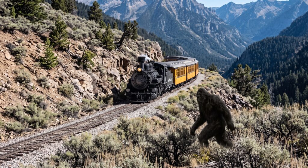 A recreation of Bigfoot walking near the rail road.