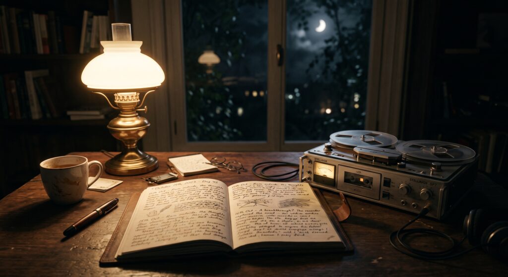 A dimly lit wooden desk with a journal and equipment to document a possible haunting.