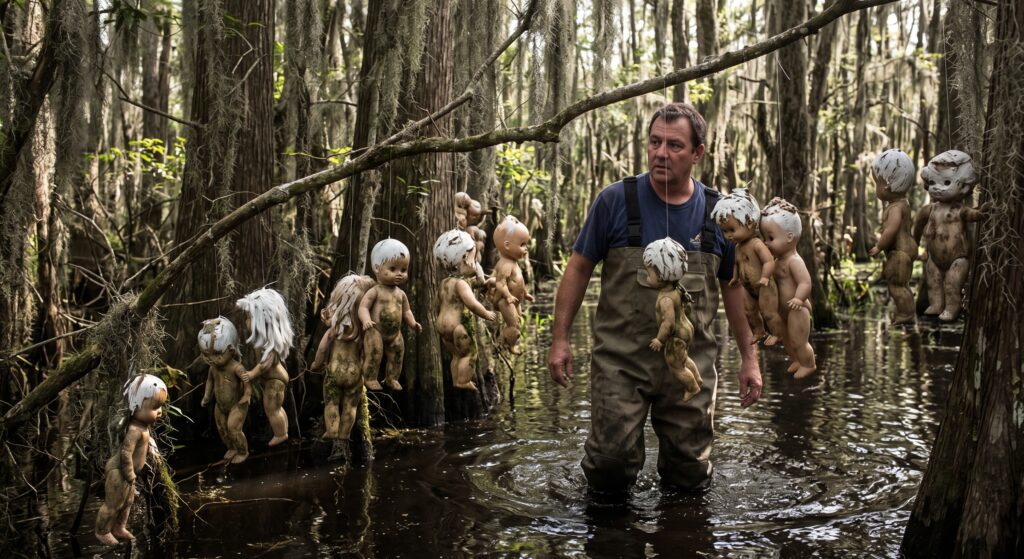A recreation of someone finding the doll graveyard in Bear Creek Swamp.