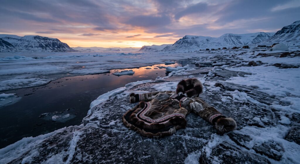 An empty parka on the shore.