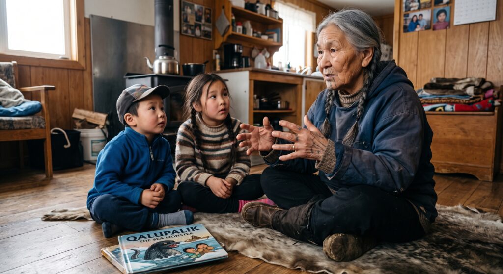 A grandmother telling her offspring about the Qalupalik