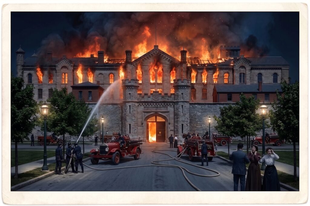 An artistic recreation of the Ohio penitentiary fire that killed over 300 prisoners.