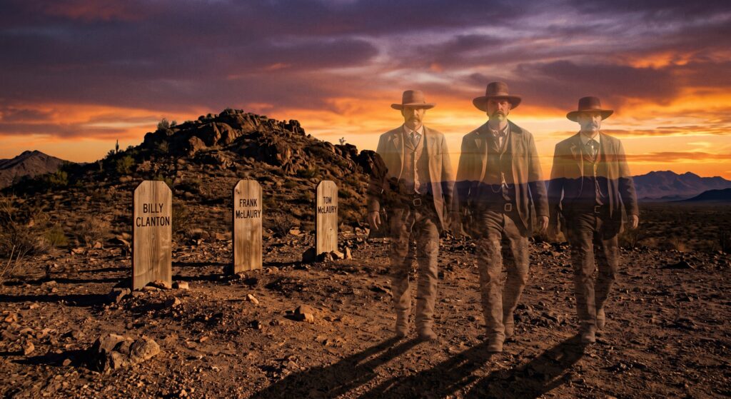 Billy Clanton, Frank and Tom McLaury walk toward the entrance of Boot Hill (artistically re-created)