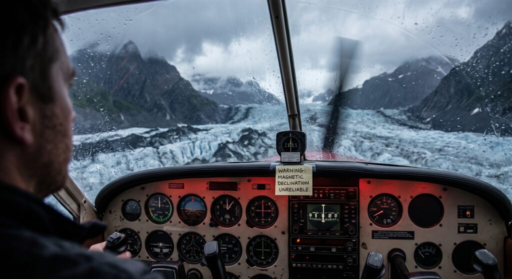 A plane flying over some rough glacial ice.
