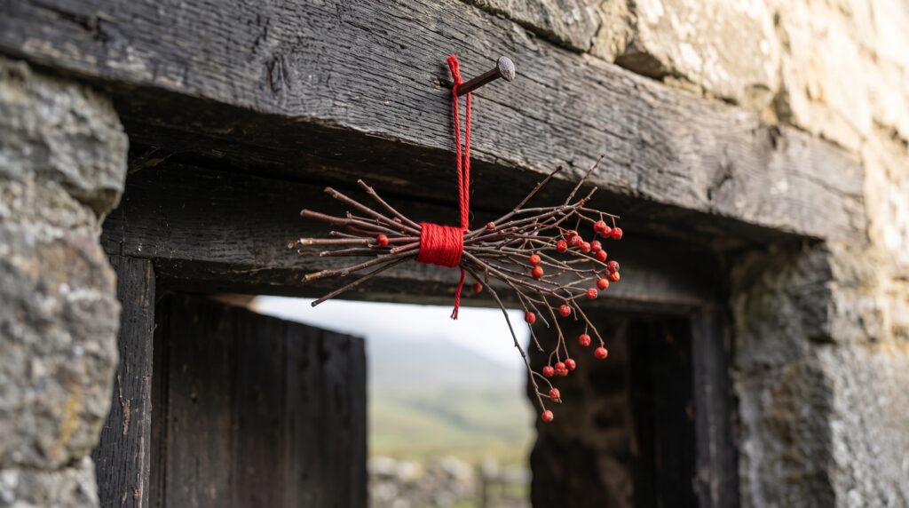 A rowin twig hangs from a red thread above a door, part of an aprotropaic belief system in Scotland.