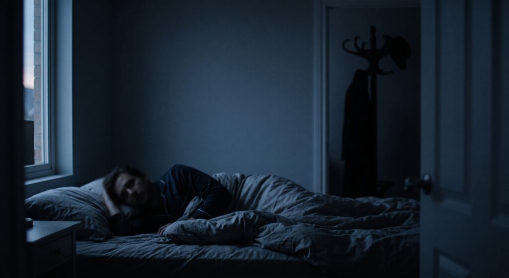 Someone sleeping in bed where paranormal experiences can happen but can also be mundane. 
