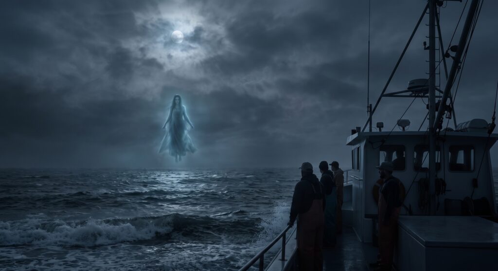 The sea witch hovers over the site of an old wreck.
