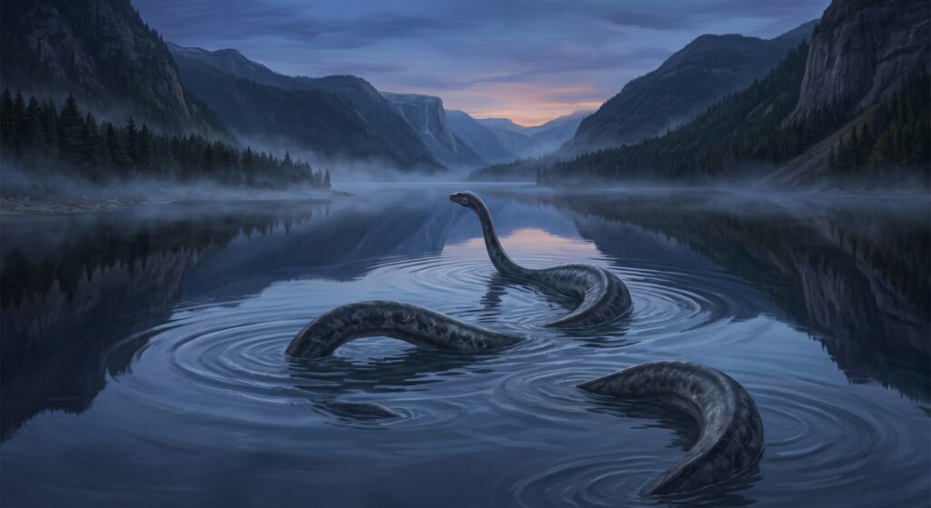 A giant serpent swims through a lake.