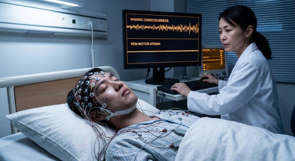 A nurse monitors a sleeping patient.