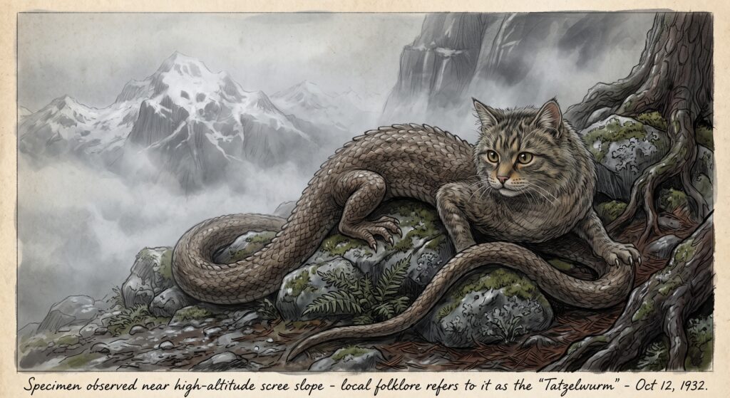 Der Alpine Tatzelwurm, is a lizard with the face of a cat.