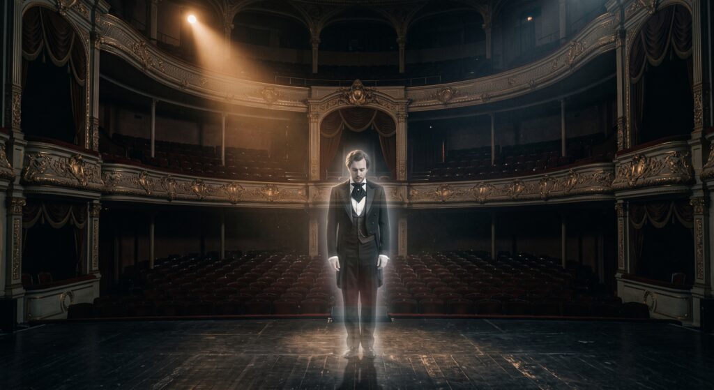 The ghost of Frederick Federici stands on a stage.