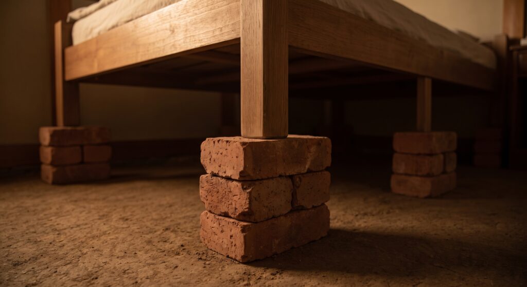 A bed raised by bricks.