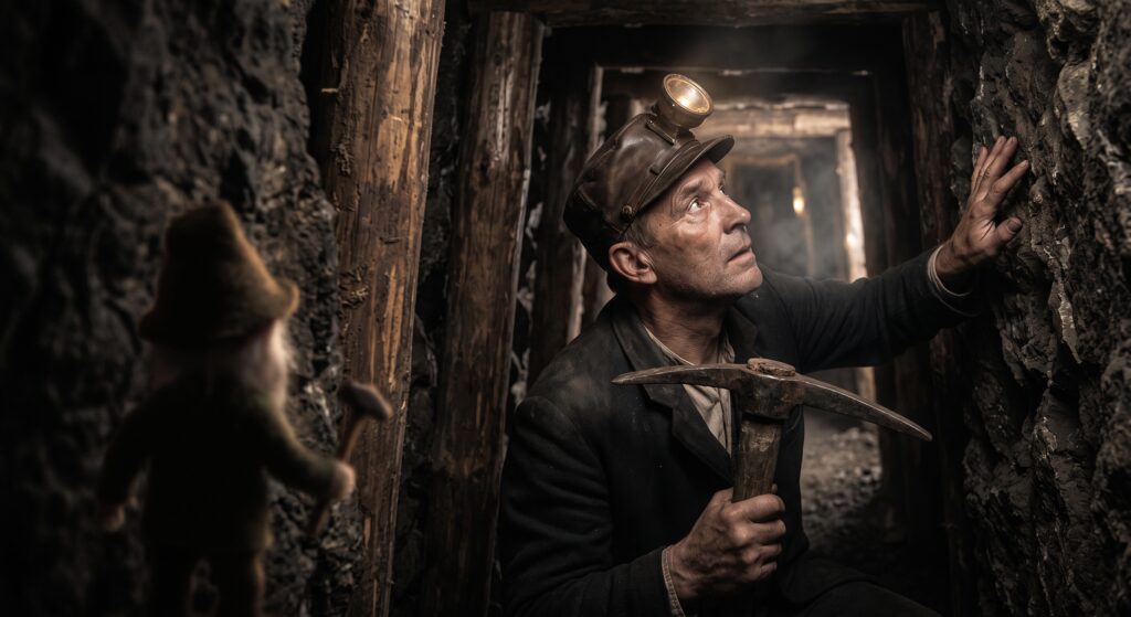 A tommyknocker stands in front of an old miner.