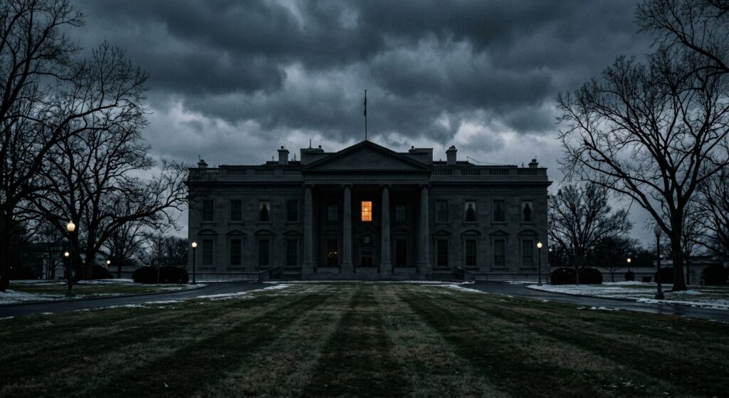 A darkened white house with a light still on.