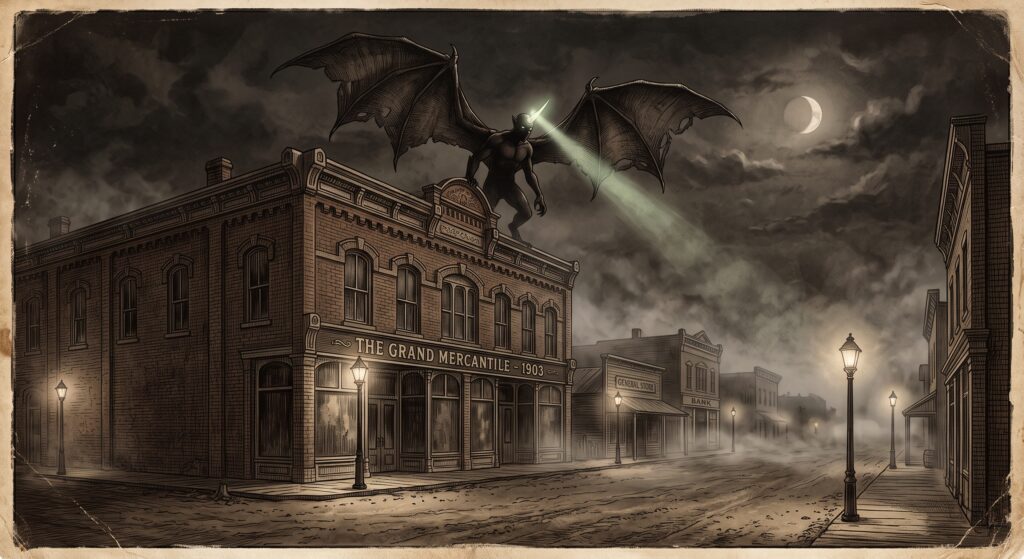 A winged creature with a glowing horn flies through a foggy city.