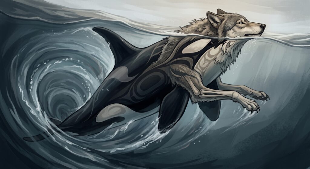 An orca transforming into a wolf to hunt on land.