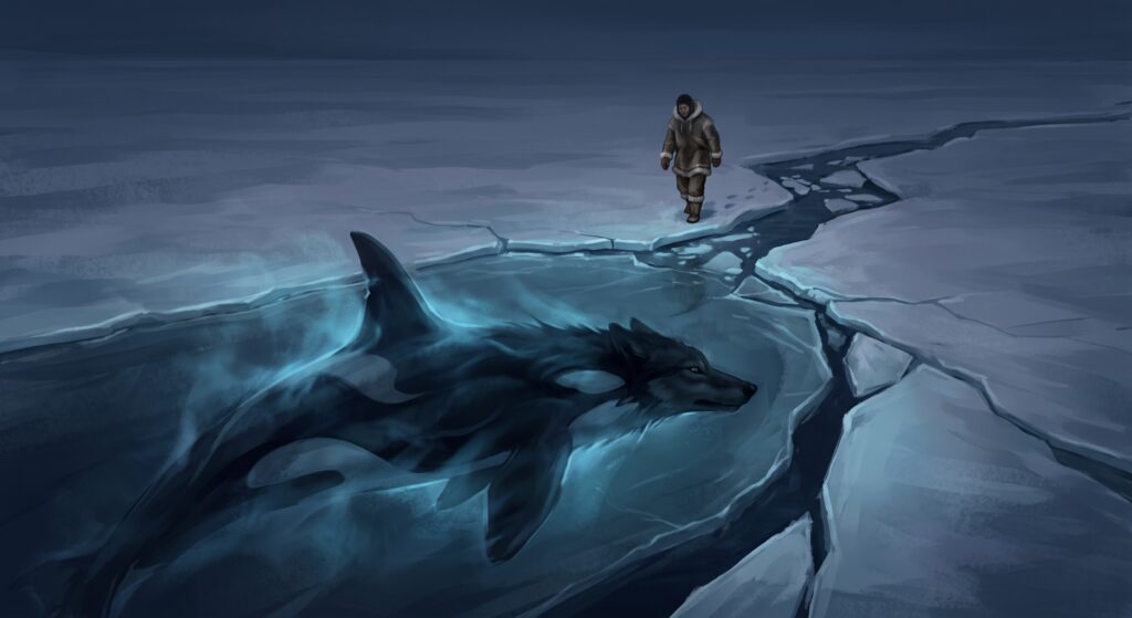 Akhlut was waiting near the edge of the sea ice to surprise an approaching hunter.