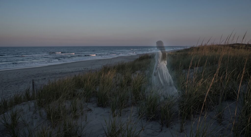 a ghostly woman in white views the ocean.