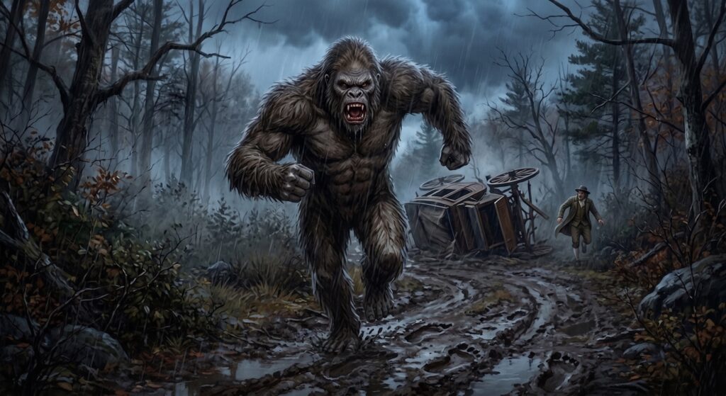 The Bennington monster runs from the site of the stage coach it tipped over.