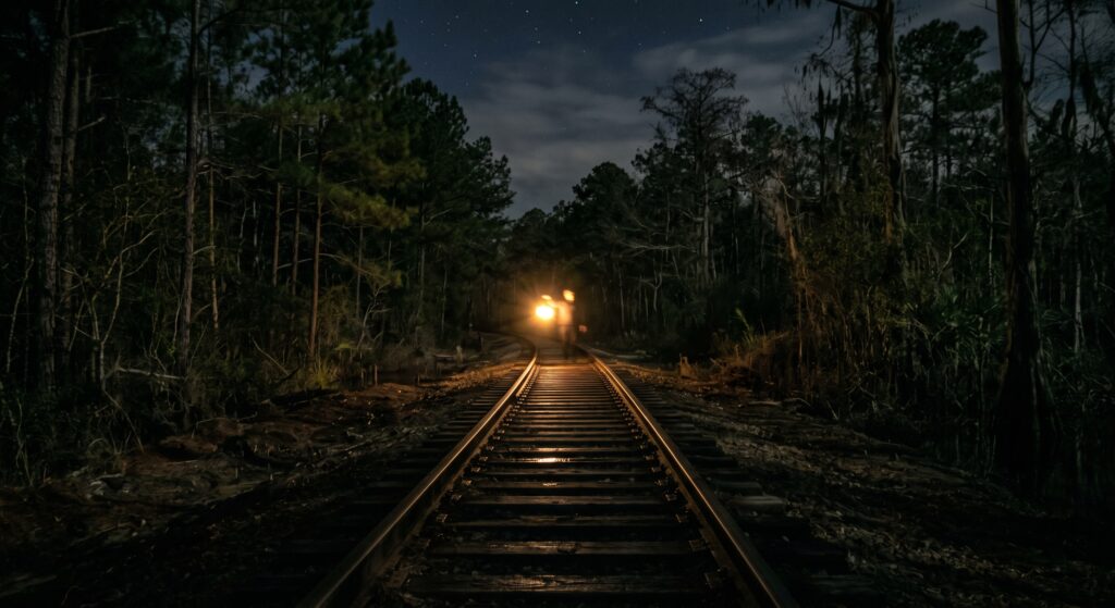 Someone or something walking a railroad track west of Wilmington, North Carolina with a lantern.