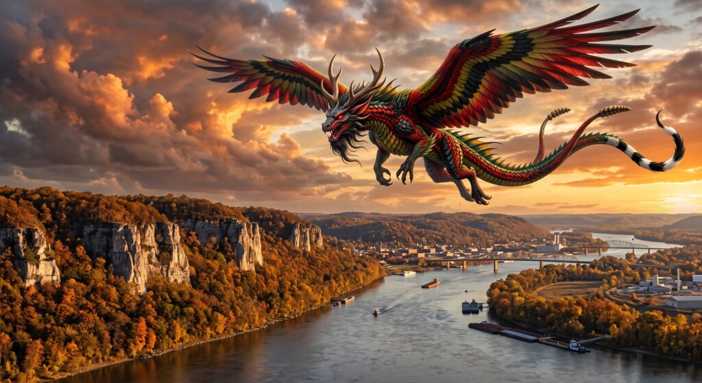 The Piasa bird flies over the Missippi river