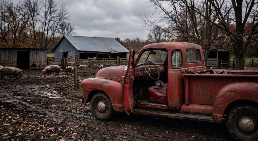 An empty truck at a pig farm.