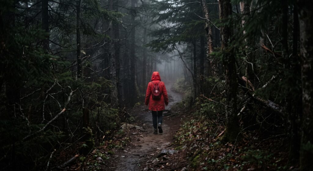 A hiker in a red coat on the Long Trail.