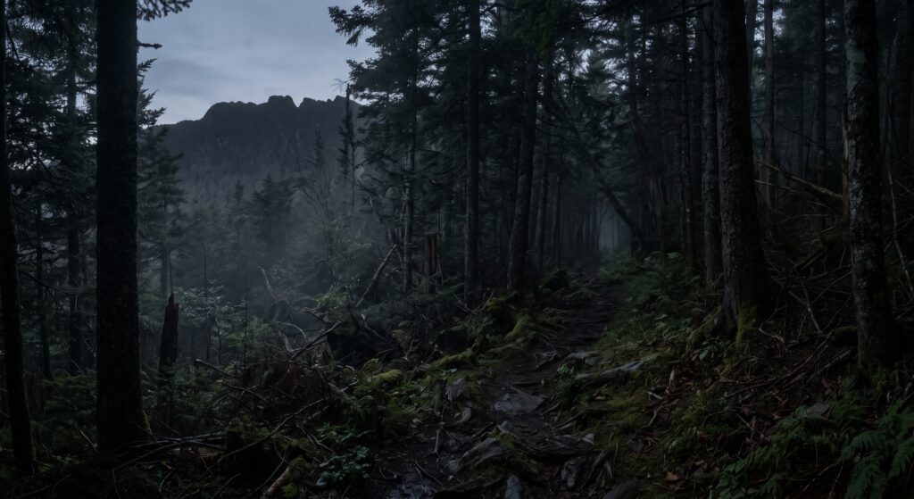 the forest in the Bennington Triangle of Vermont turning very dark as dusk approaches.