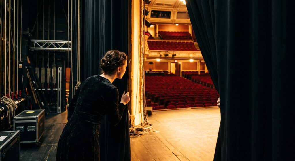 An actor looking at an empty auditorium from the wing, thinking what it will be like to break a leg tonight.