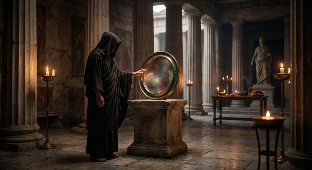 A priest stares into a mirror to tell the future.